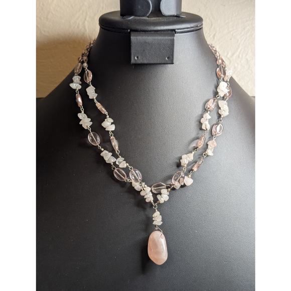 Robert Rose Pink Jadeite Quartz Chip Pink Glass Bead Double Strand Necklace - Picture 8 of 8